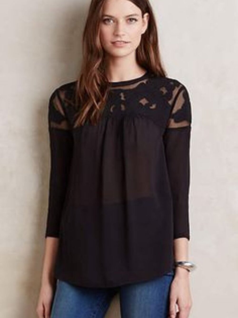 Vanessa Virginia Anthropologie Black Sheer Embroidered Blouse 8 40005